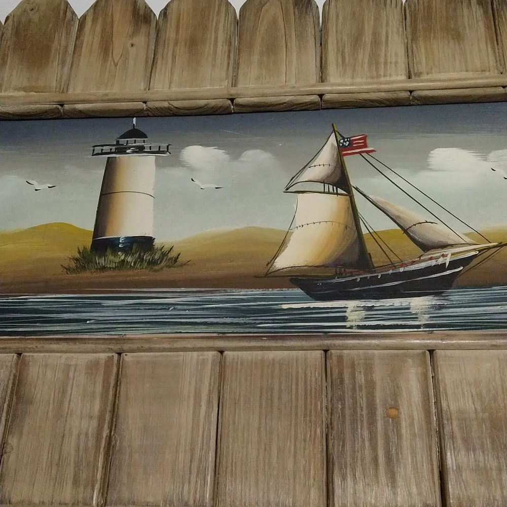 Rustic Wooden Wall Art with Lighthouse and Sailboat - Picture 2 of 7